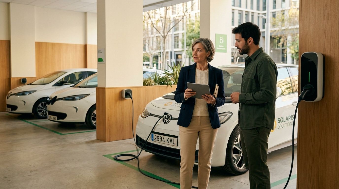 Dos personas conversan en un garaje con varios coches eléctricos blancos cargándose en estaciones de pared.