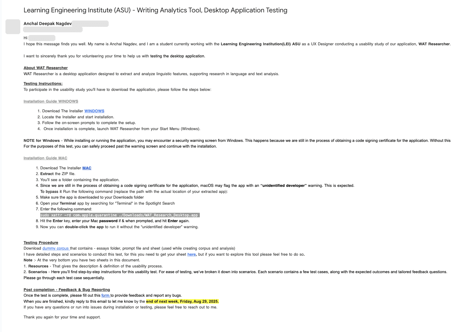The usability study invitation email with install steps for Windows and Mac and the testing procedure, personal details hidden