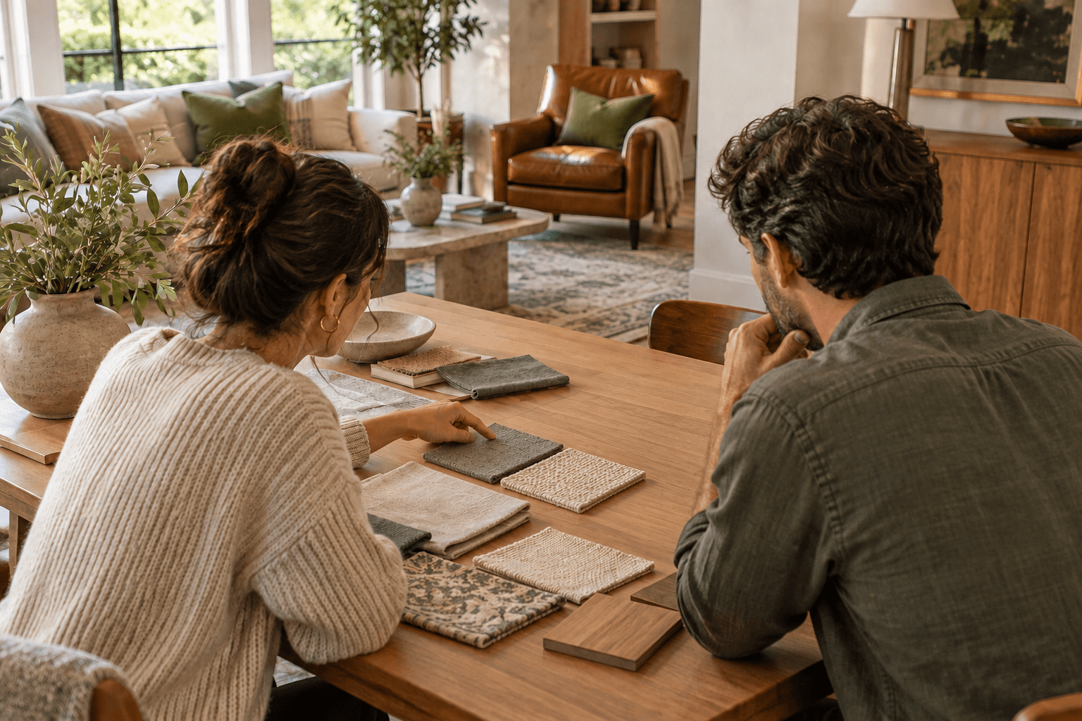 Illustration of a designer and client reviewing fabric and material samples in a living room