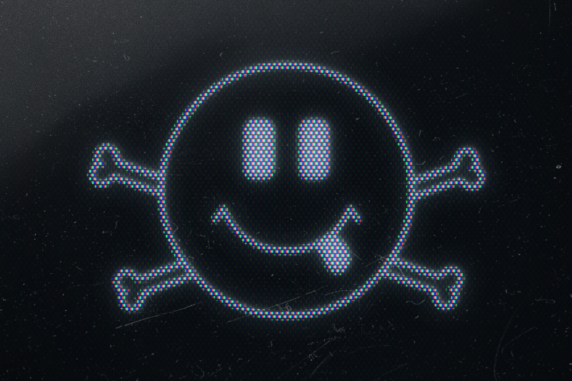 Retro CRT Monitor Mockup with a pixelated blue smiley face and crossbones showing realistic screen noise and dust