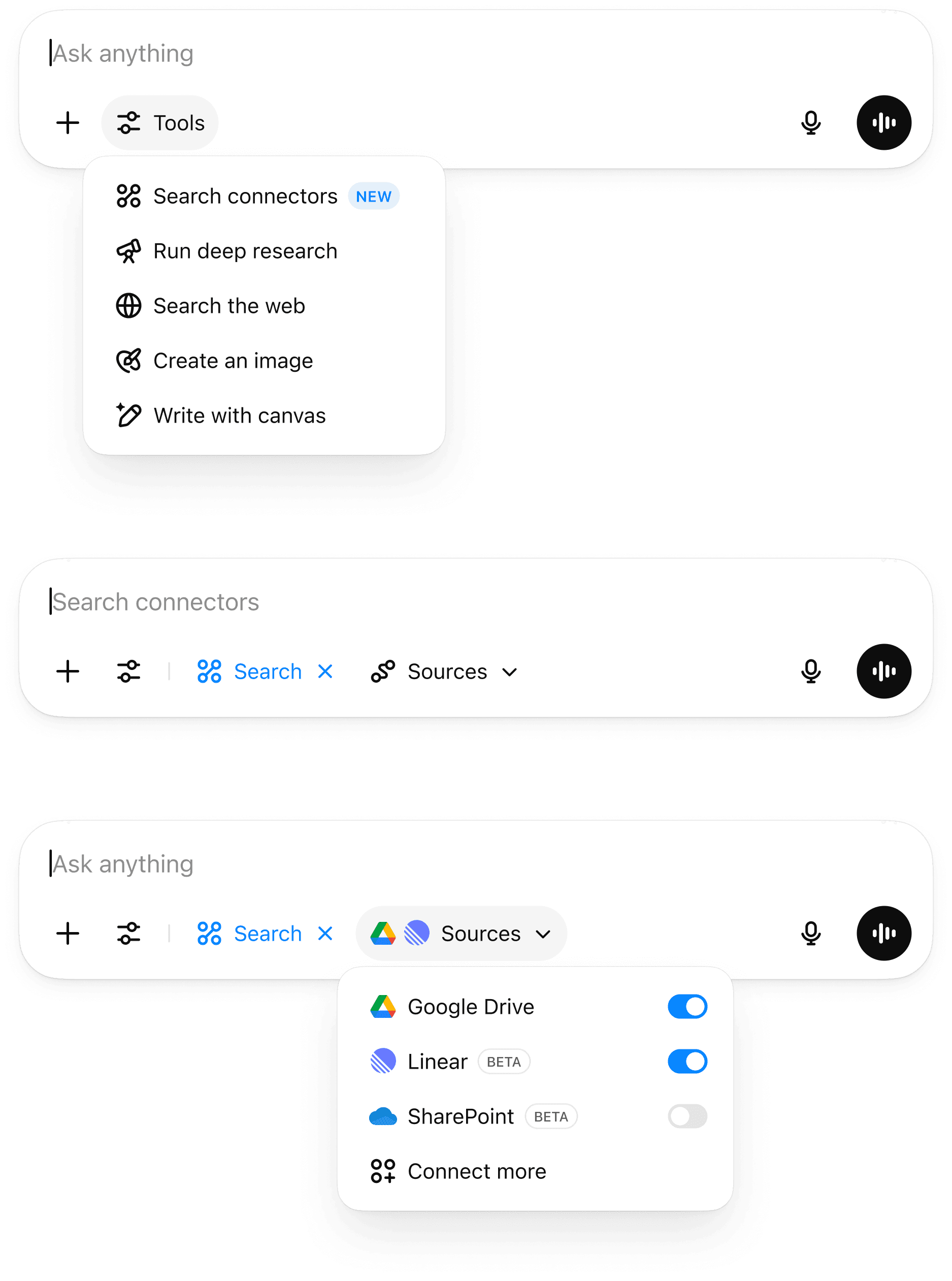 ChatGPT Connectors interface showing data sources