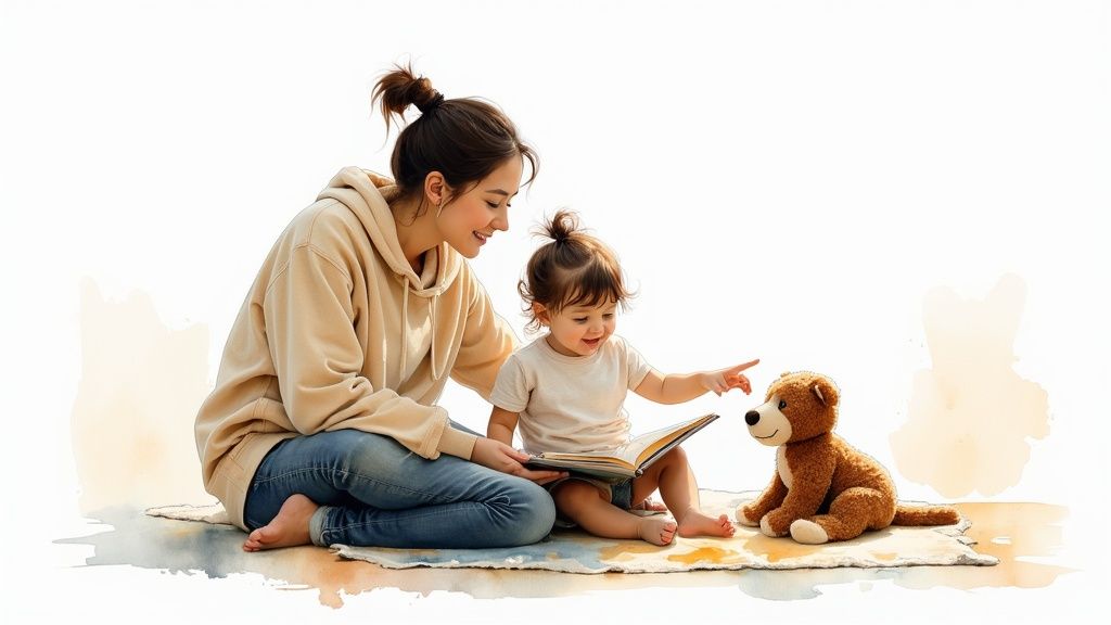 A smiling mom reads a book to her child and teddy bear on a cozy mat.