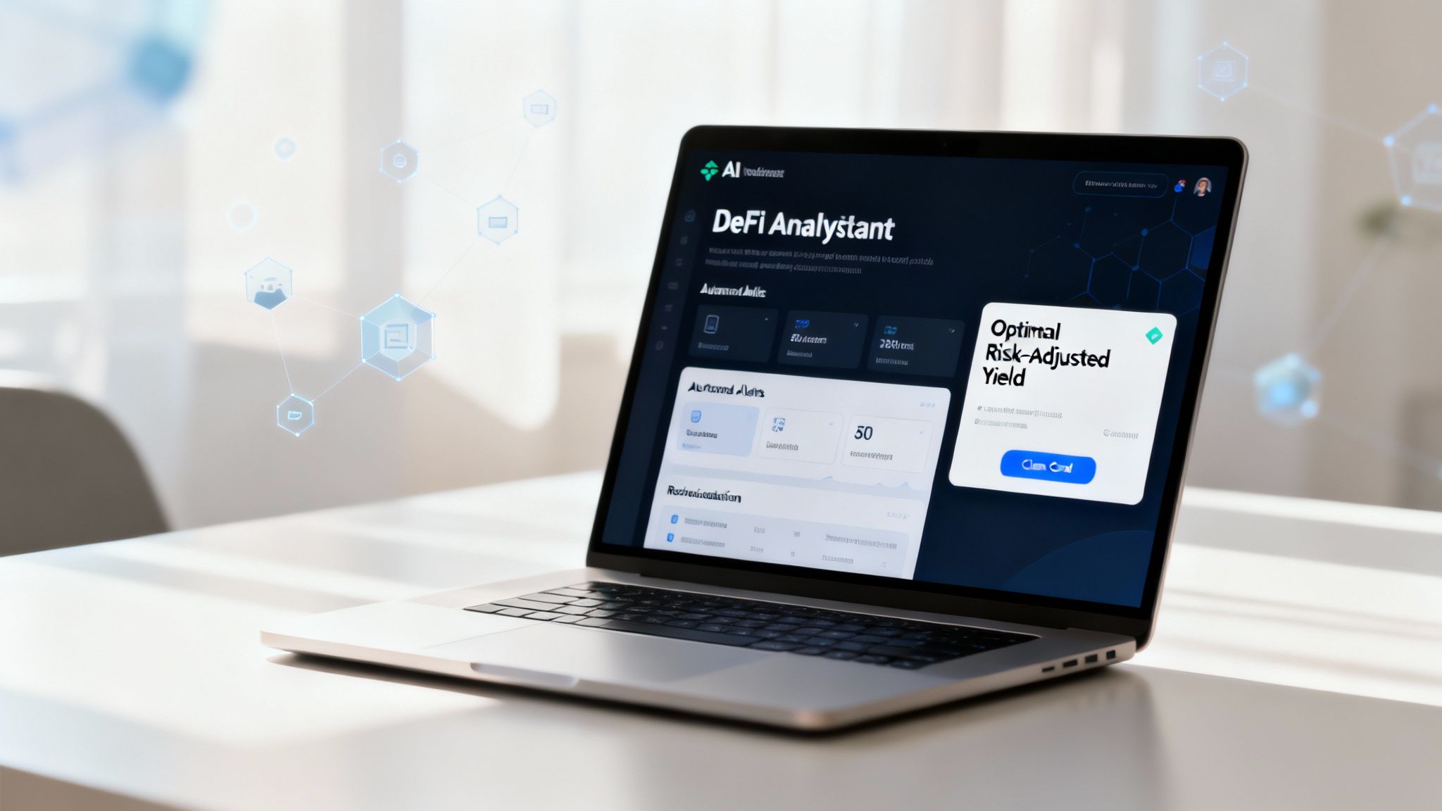 A laptop displays a DeFi analytics dashboard showing data, alerts, and optimal yield options, surrounded by digital network graphics.