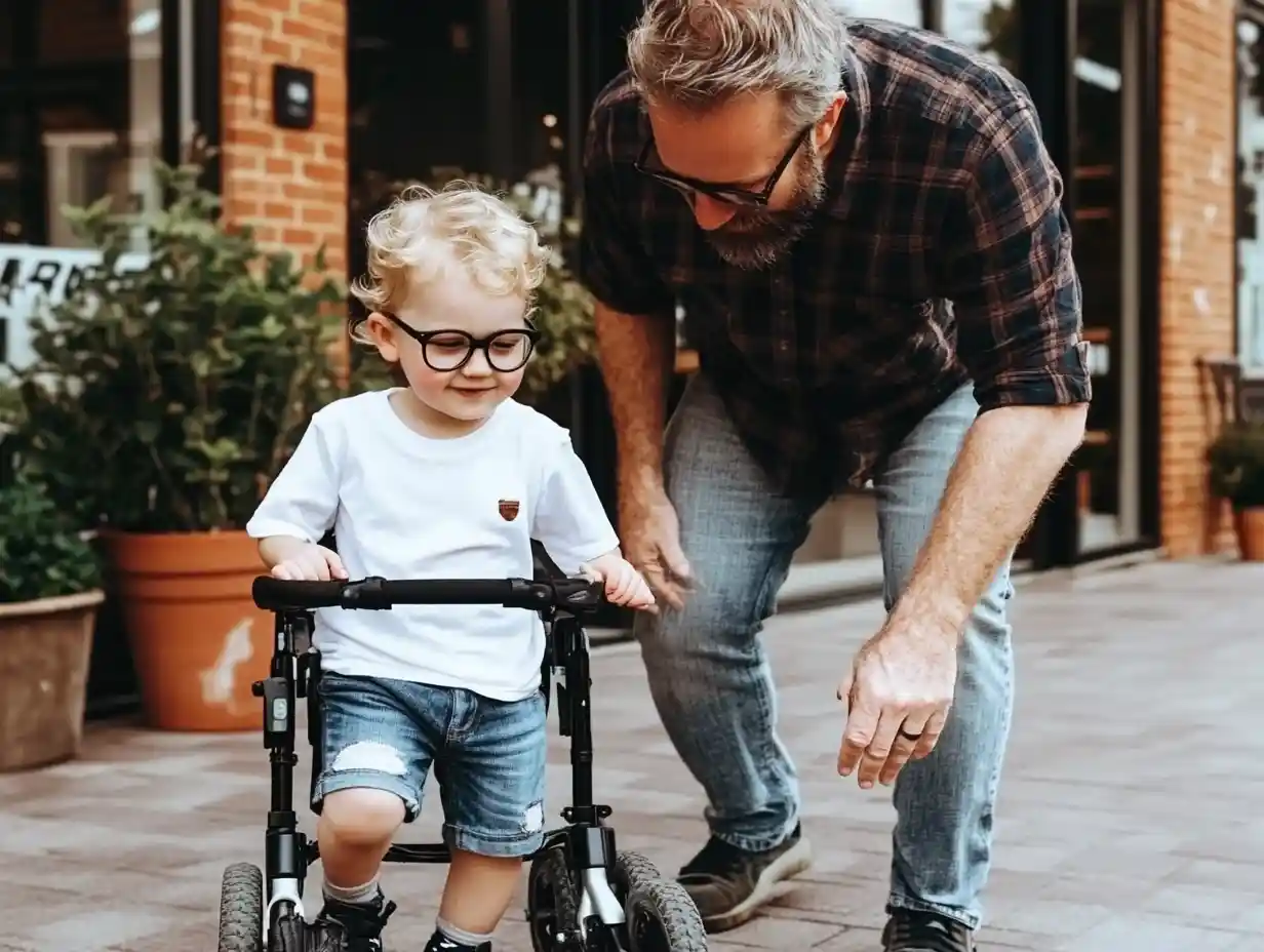 A compassionate nanny assisting a child with a walker outdoors, highlighting the specialized care provided by special needs nannies.