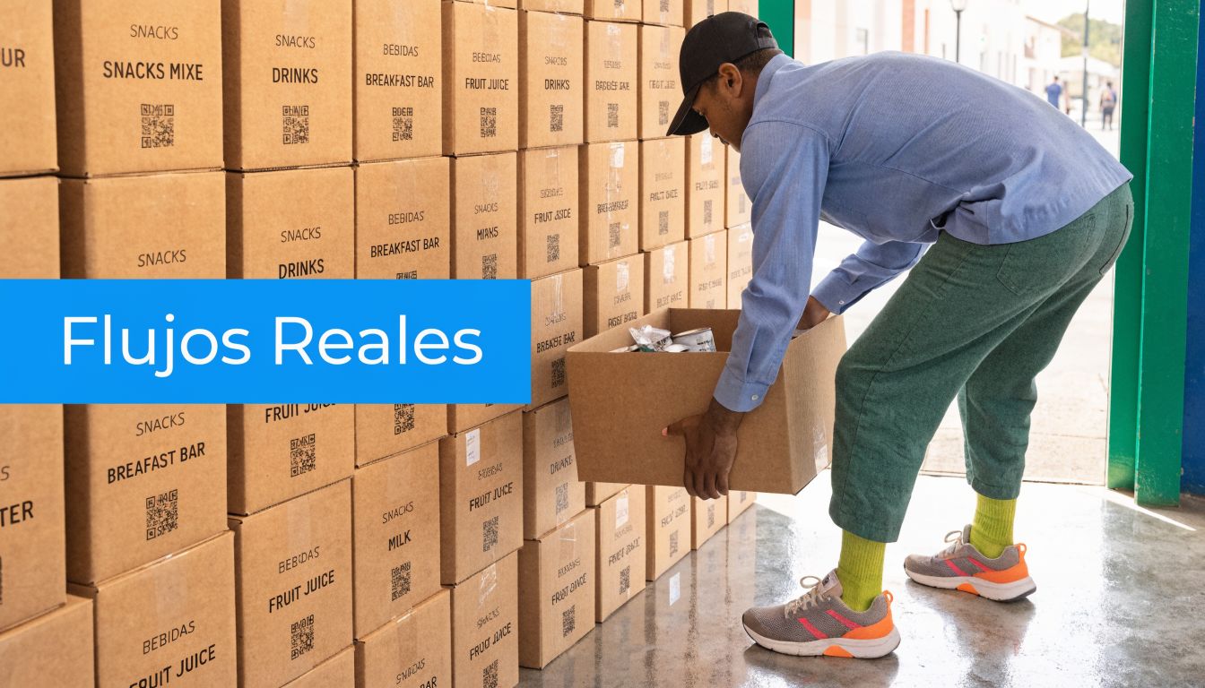 Un trabajador de almacén coloca una caja de cartón en una estantería llena de productos etiquetados