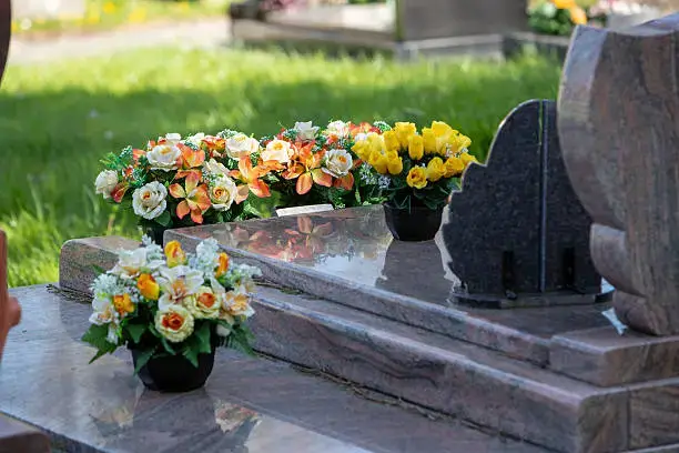 headstones and monuments in cemetery with roses