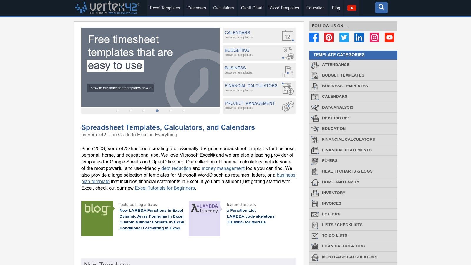 Vertex42 – Référence historique des templates Excel