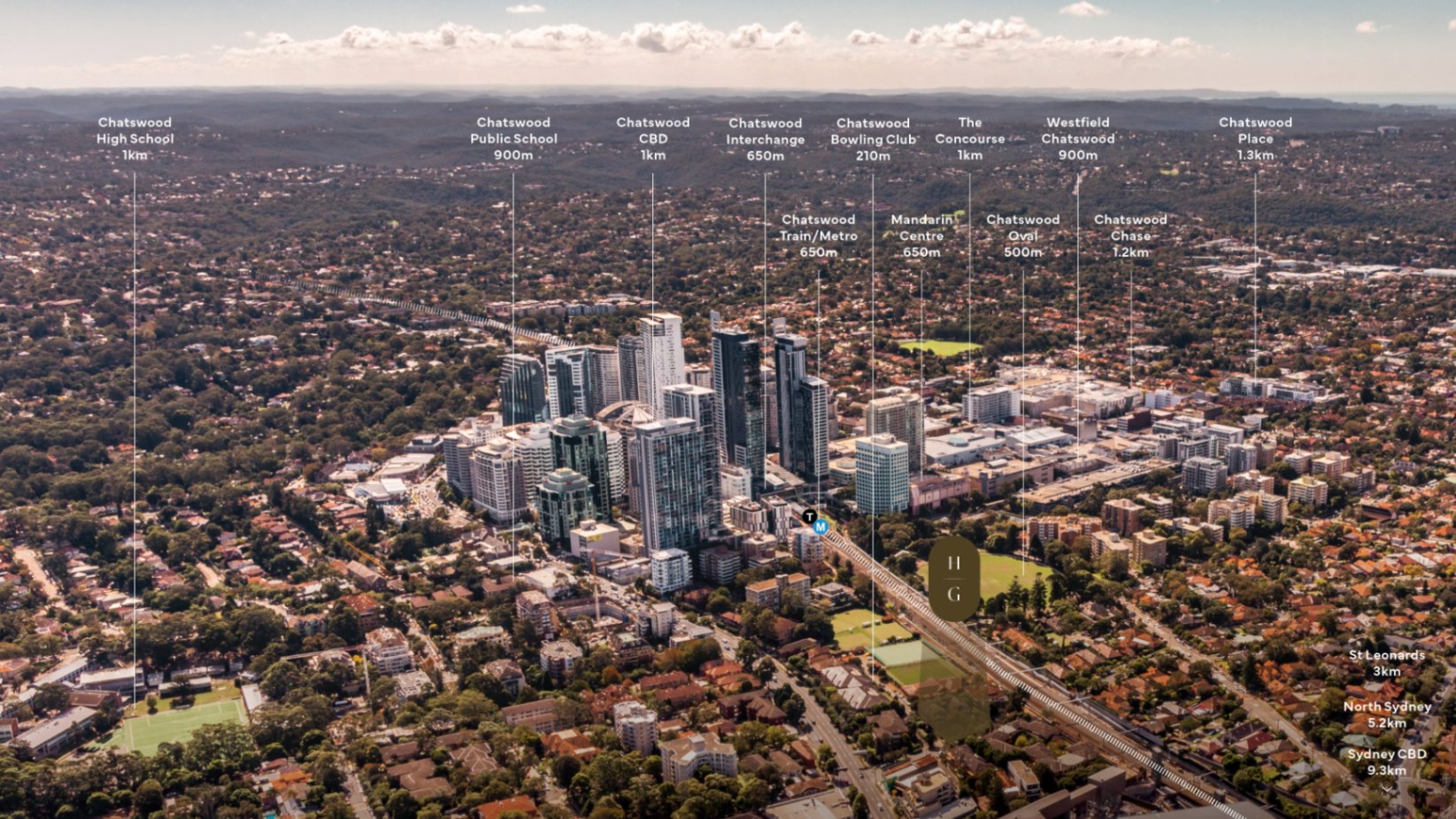 Aerial location map of Hammond Greens highlighting proximity to Chatswood CBD, transport, schools, shopping centres and surrounding suburbs.