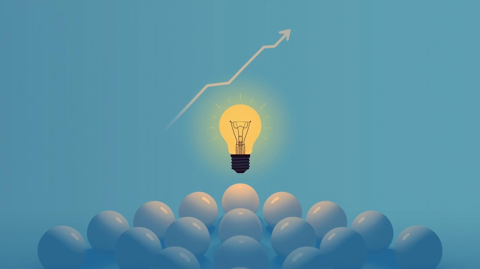 Flat vector illustration showing a single light bulb floating above several other light bulbs, symbolizing many ideas but only one being elevated. Subtle visual of a path or upward arrow emerging from the chosen bulb to represent execution. Bright, modern startup colors, clean minimal design, no text.
