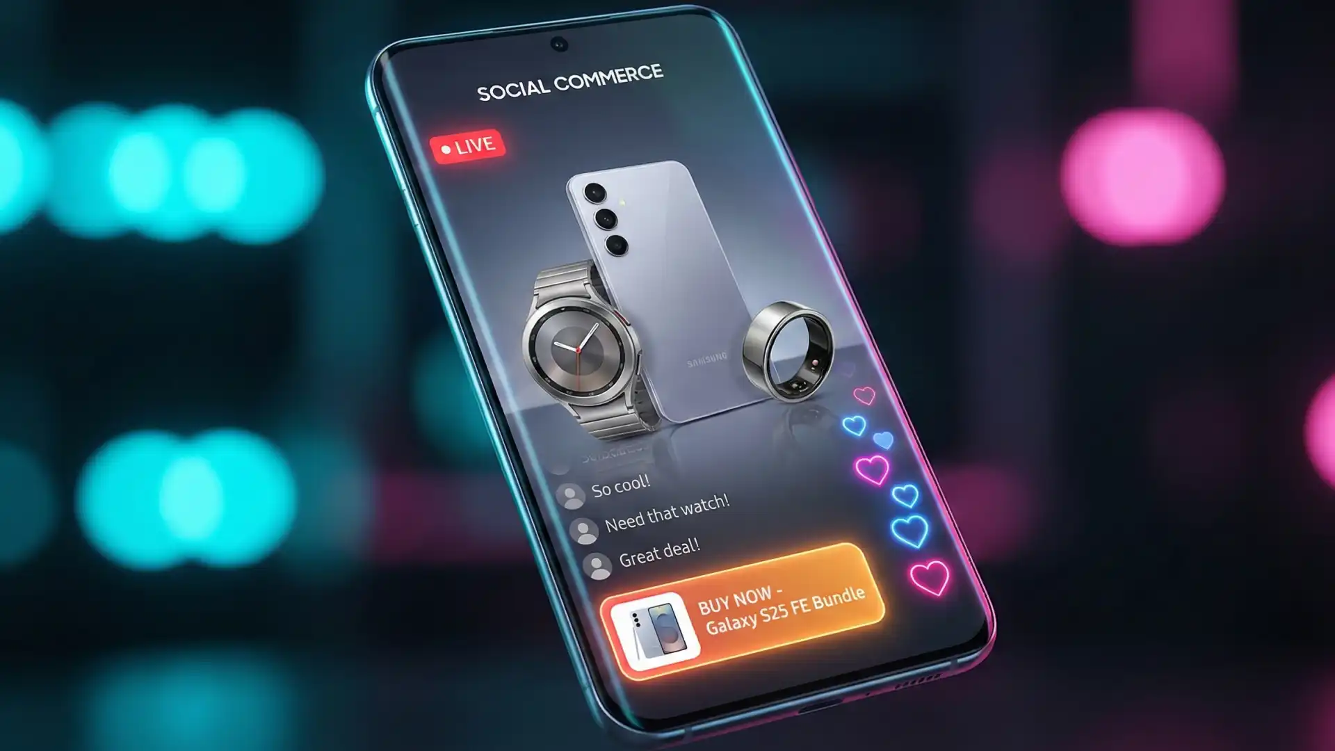 A mockup of a smartphone displaying a live commerce feed featuring the Galaxy S25 FE, Watch8, and Ring.