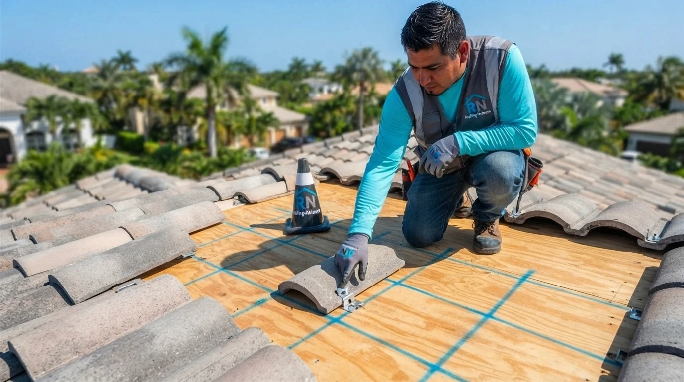 Miami-Dade NOA fastening pattern being set on a residential tile roof in Miami