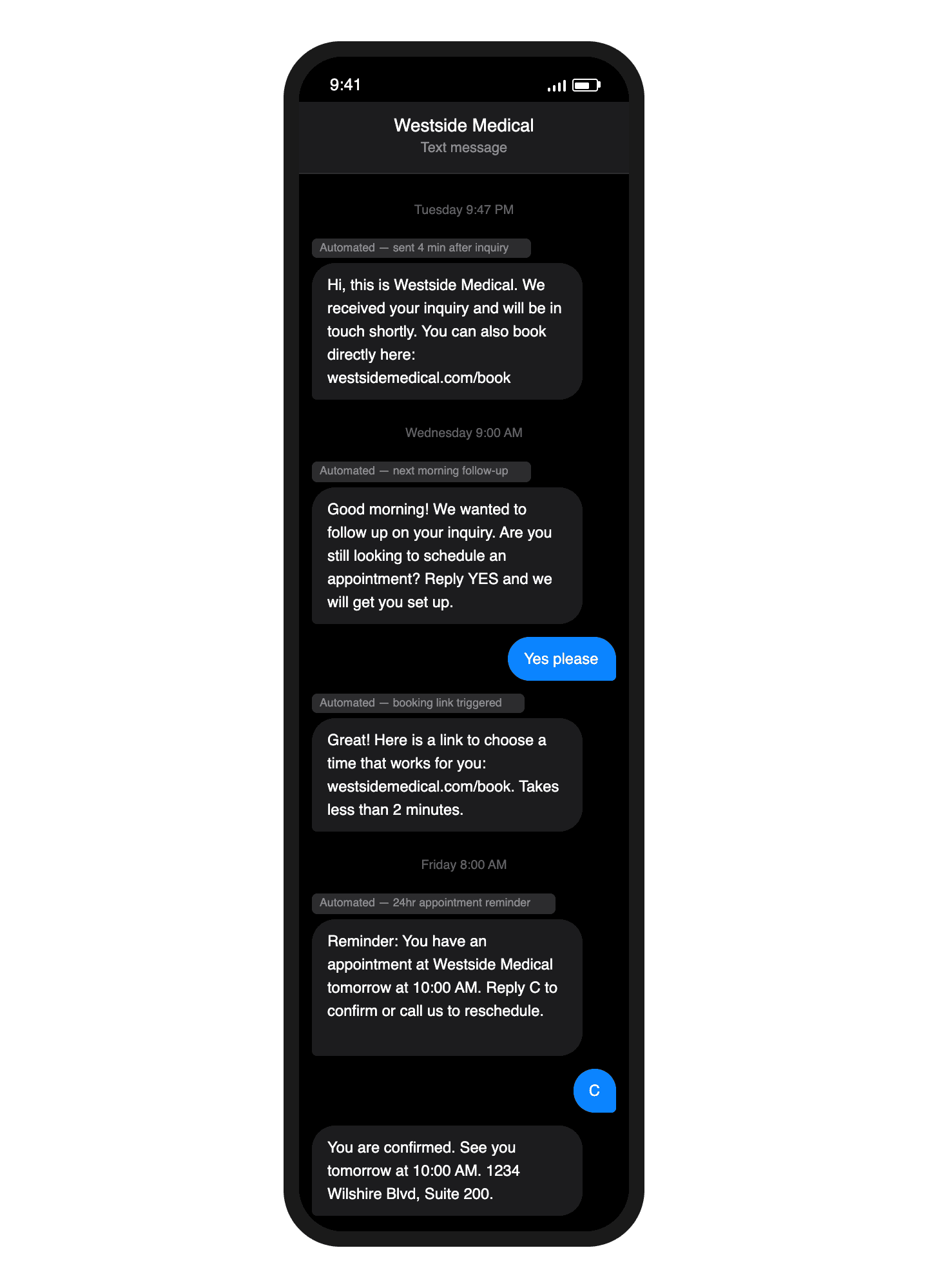 Automated patient follow-up text message sequence shown on mobile phone for medical practice CRM