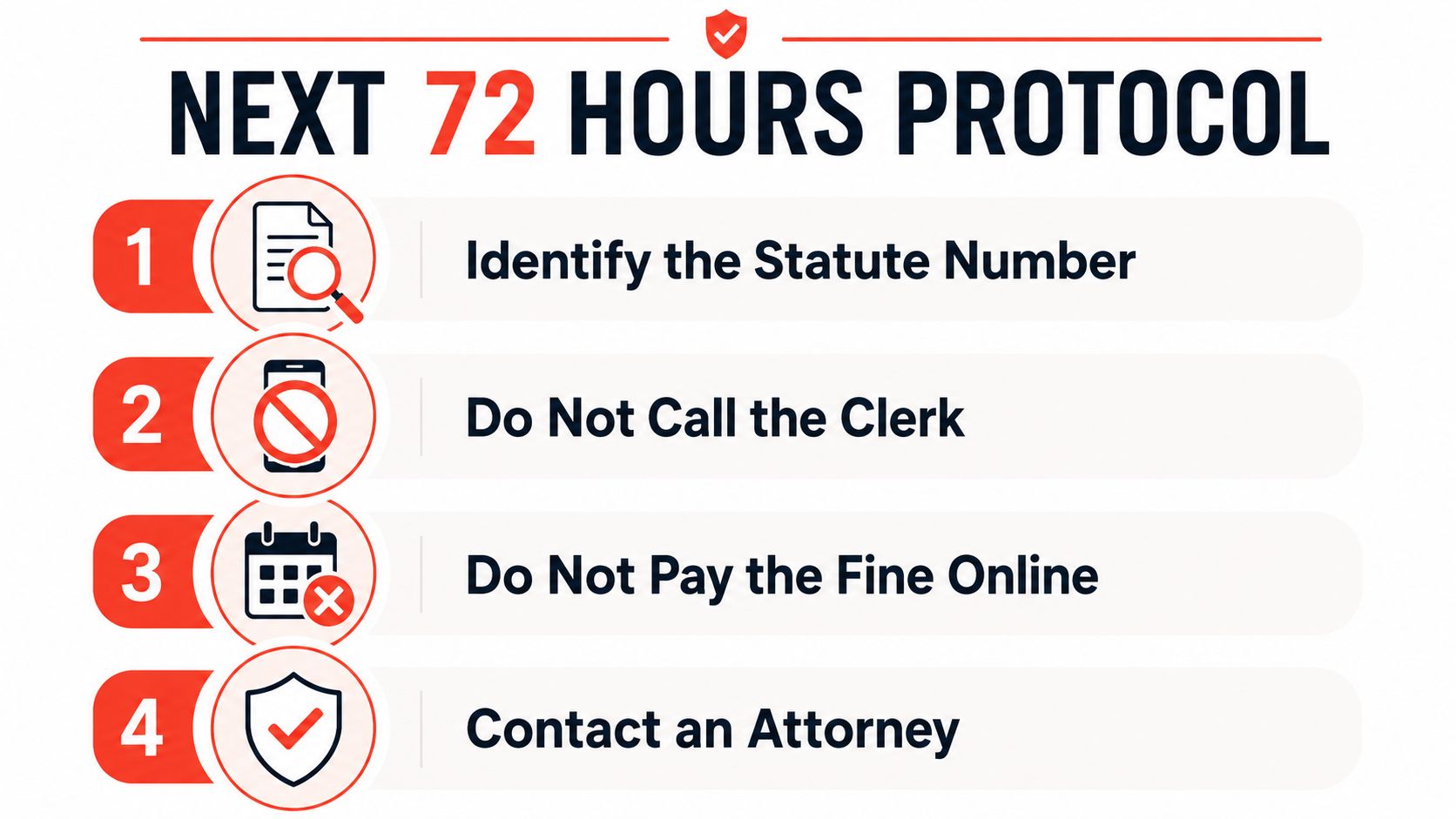 An infographic titled Next 72 Hours Protocol listing four steps to handle a legal traffic citation.