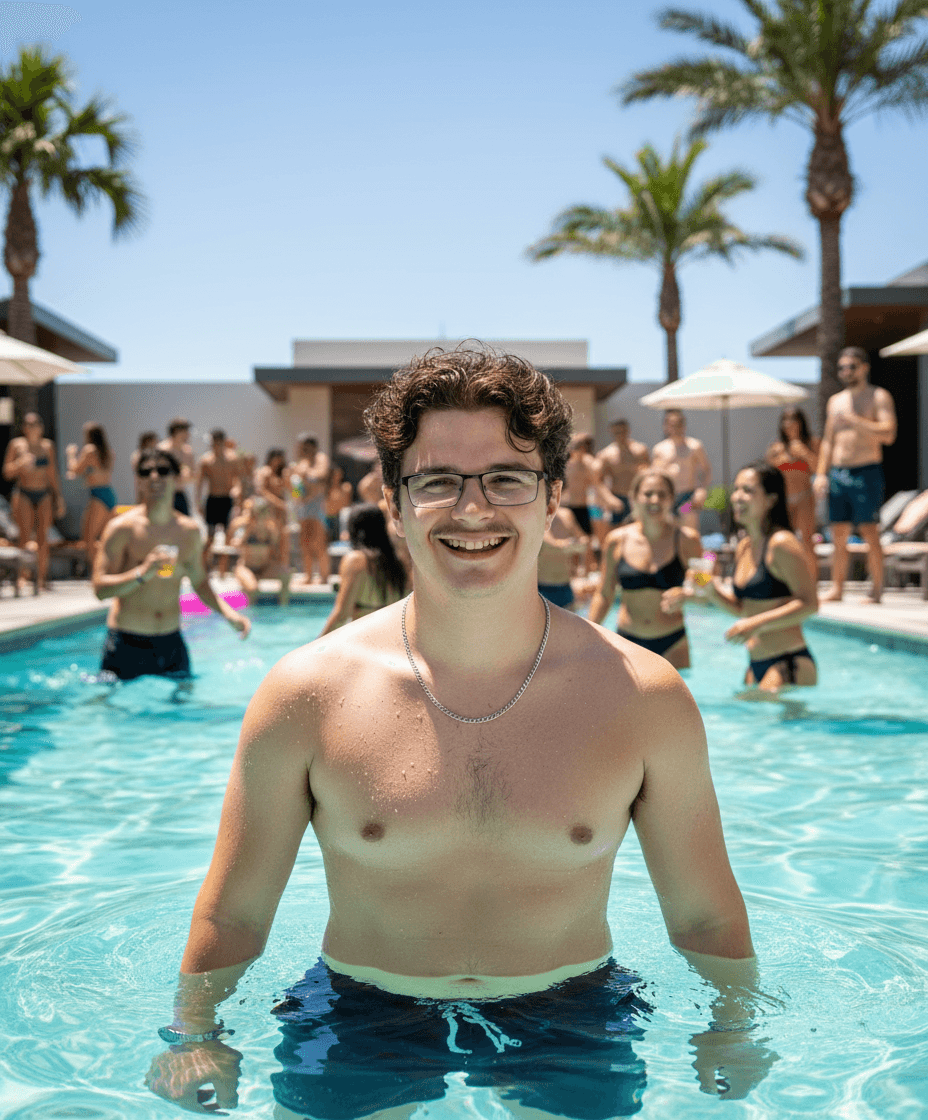 A vibrant, sunny photo of the same young man smiling confidently at a pool party, surrounded by friends. Illustrates the final 'Message' and successful outcome: restored hair, regained confidence, and an active social life.