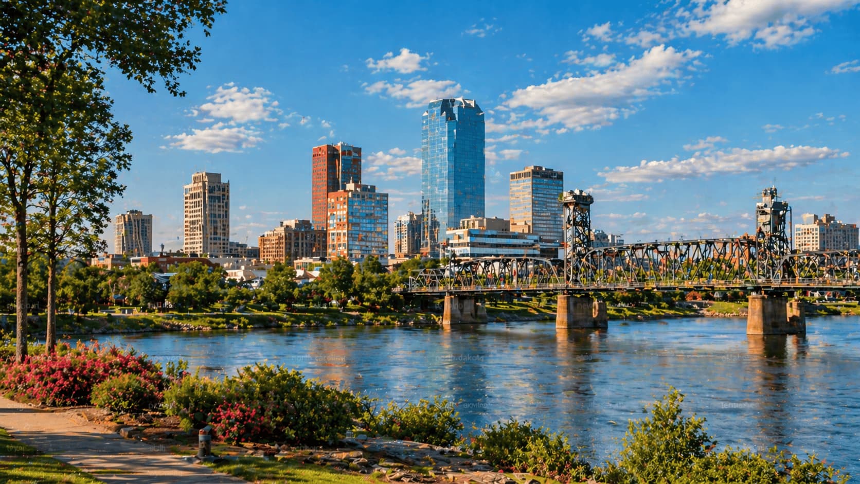 Little Rock skyline with Arkansas River and bridges under a bright sky