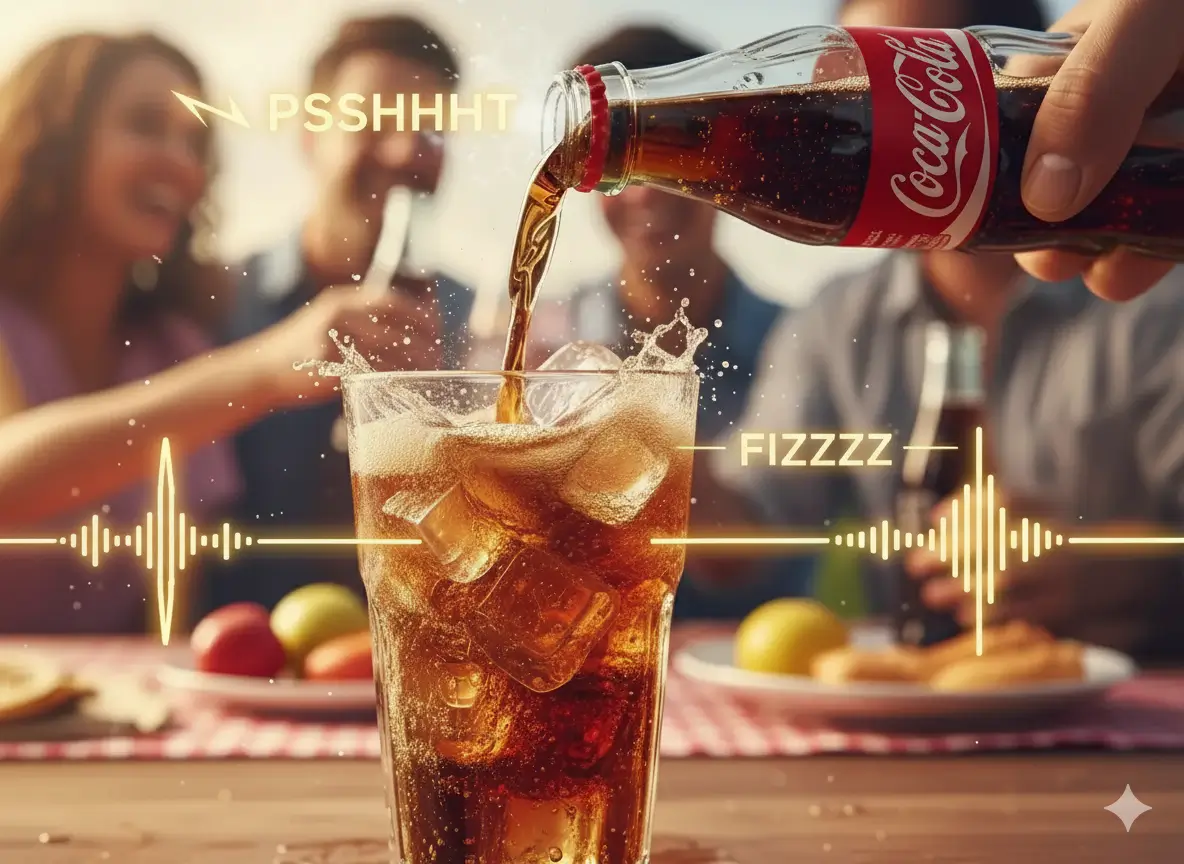 A close-up of a Coca-Cola bottle pouring into a glass filled with ice, creating splashes. Animated sound effects like 'PSSHHT,' 'FIZZZ,' and 'CLINK' are visually represented by sound waves around the glass, capturing the full sonic experience of refreshment. Blurred happy faces are in the background.
