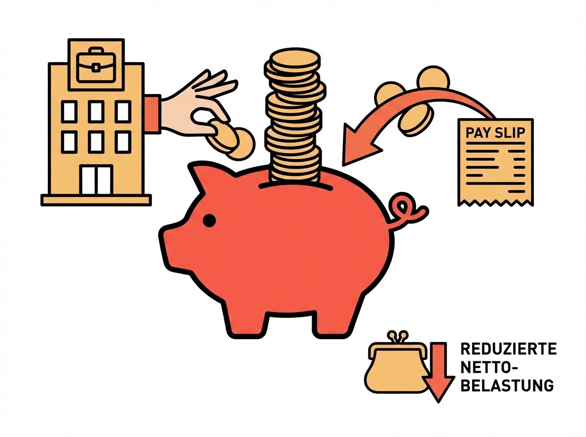 Geld fließt von Firma und Gehaltszettel in ein Sparschwein. Ein Geldbeutel mit Pfeil nach unten zeigt die reduzierte Netto-Belastung.