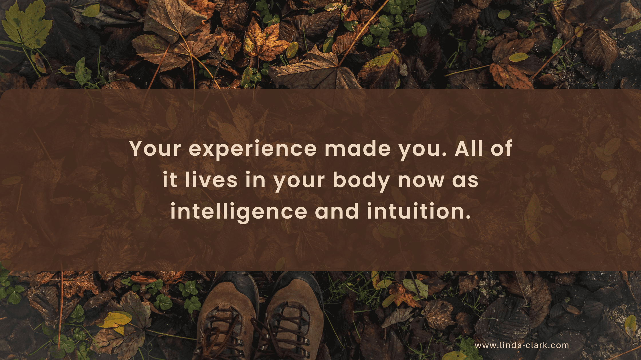 A photo of a forest floor covered in leaves and looking down at your boots in the leaves. The title of the blog post is on a brown background and says Authentic Leadership: Lead Like Yourself | Linda Clark