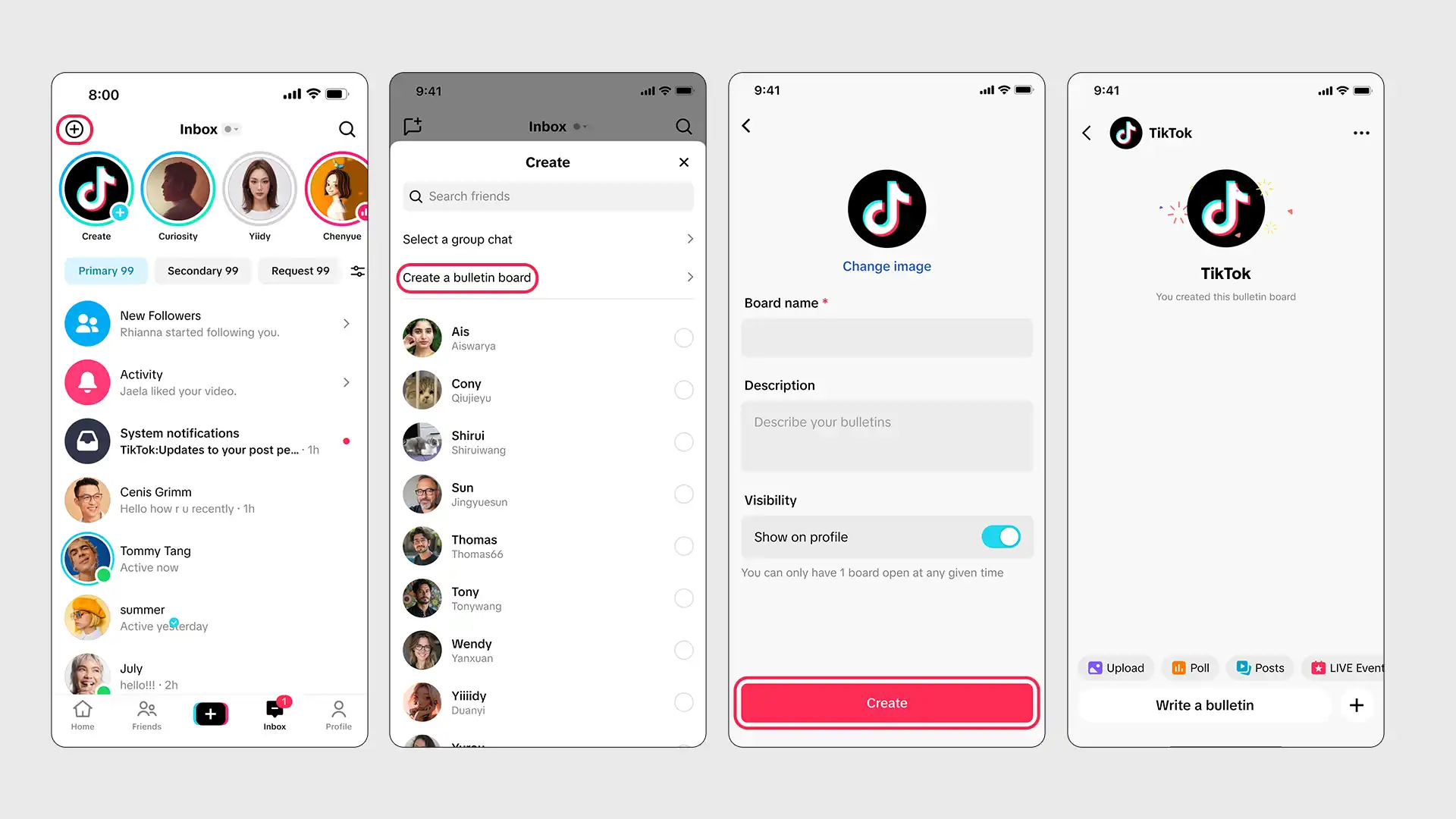 Screenshots illustrating how creators can start a new TikTok bulletin board from their inbox and set it up. Source: TikTok Newsroom