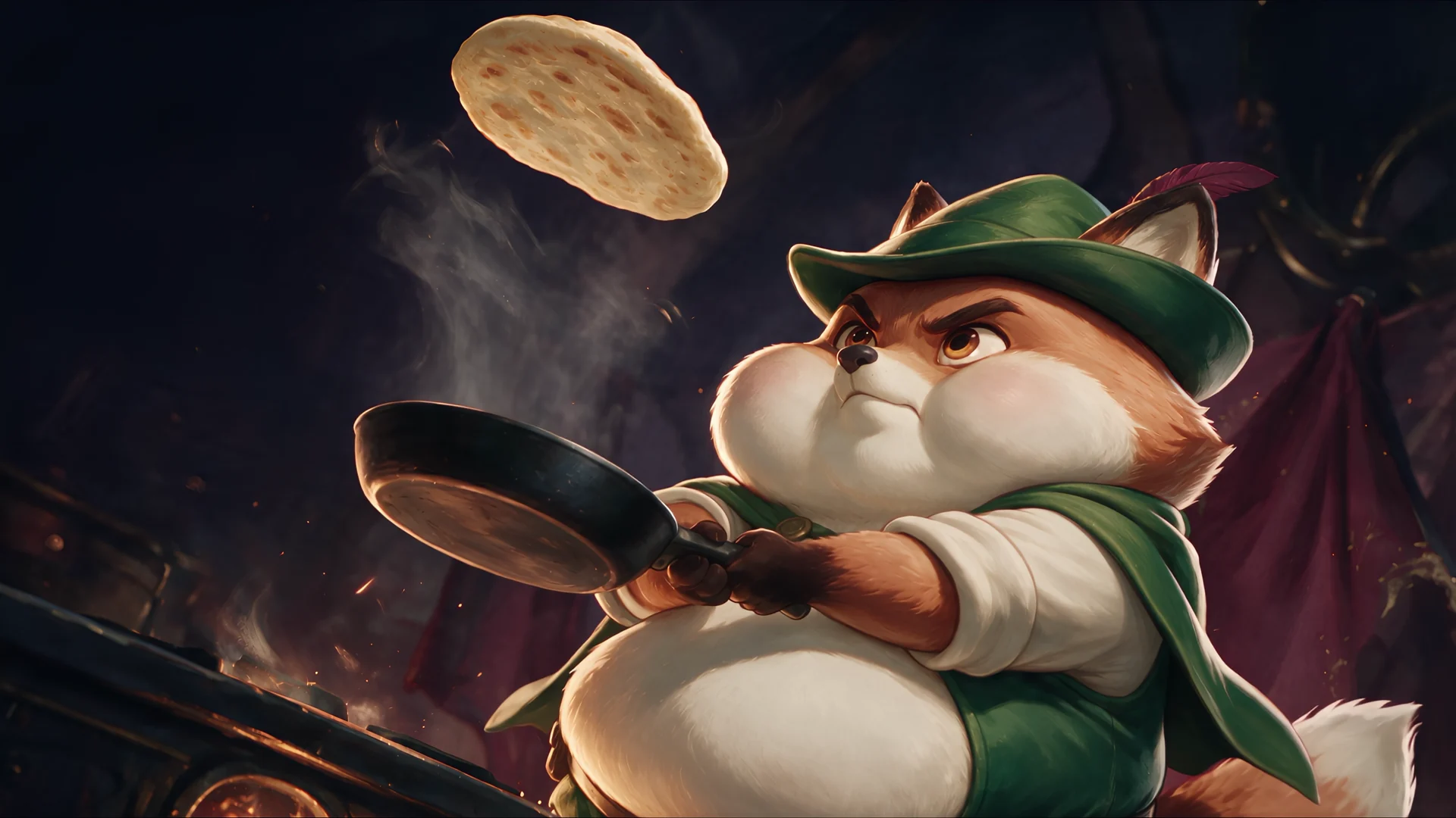 Robin tossing a pancake in a pan