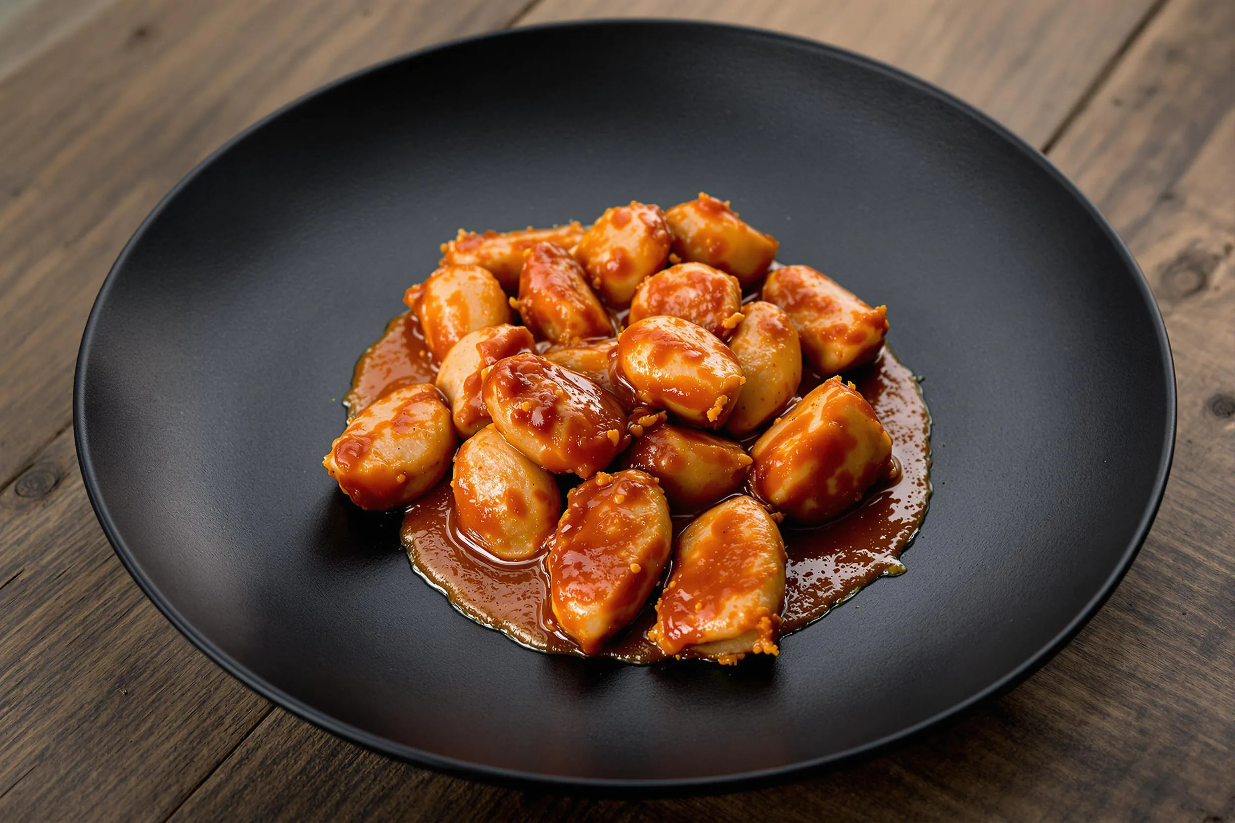 A black plate filled with golden-brown gnocchi in a rich, tomato-based sauce.