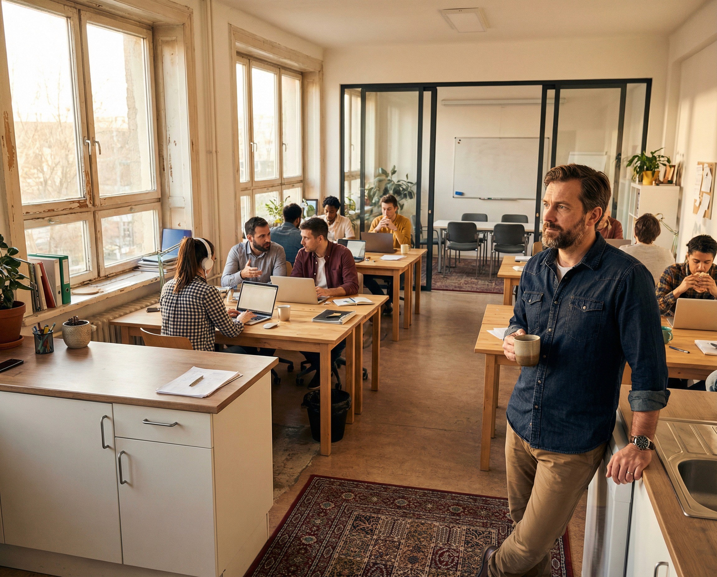 A warm, intimate shot of a small company's entire office — a single open room with twelve to fifteen desks, a kitchenette in the corner, and a small glass-walled meeting room. The founder or managing director, a man in his early 40s, is standing near the kitchenette making a coffee, looking out across his team with the particular expression of a founder who knows every person in the room by name — pride, responsibility, and the quiet awareness that the thing he built now has legal obligations he did not plan for. The team is small enough that he can see all of them from where he stands. A developer has headphones on. Two account managers are in quiet conversation. Someone is eating lunch at their desk. The office is modest, warm, and real — a company that has grown to forty or fifty people and has not yet formalised anything about psychosocial safety because there was never a reason to