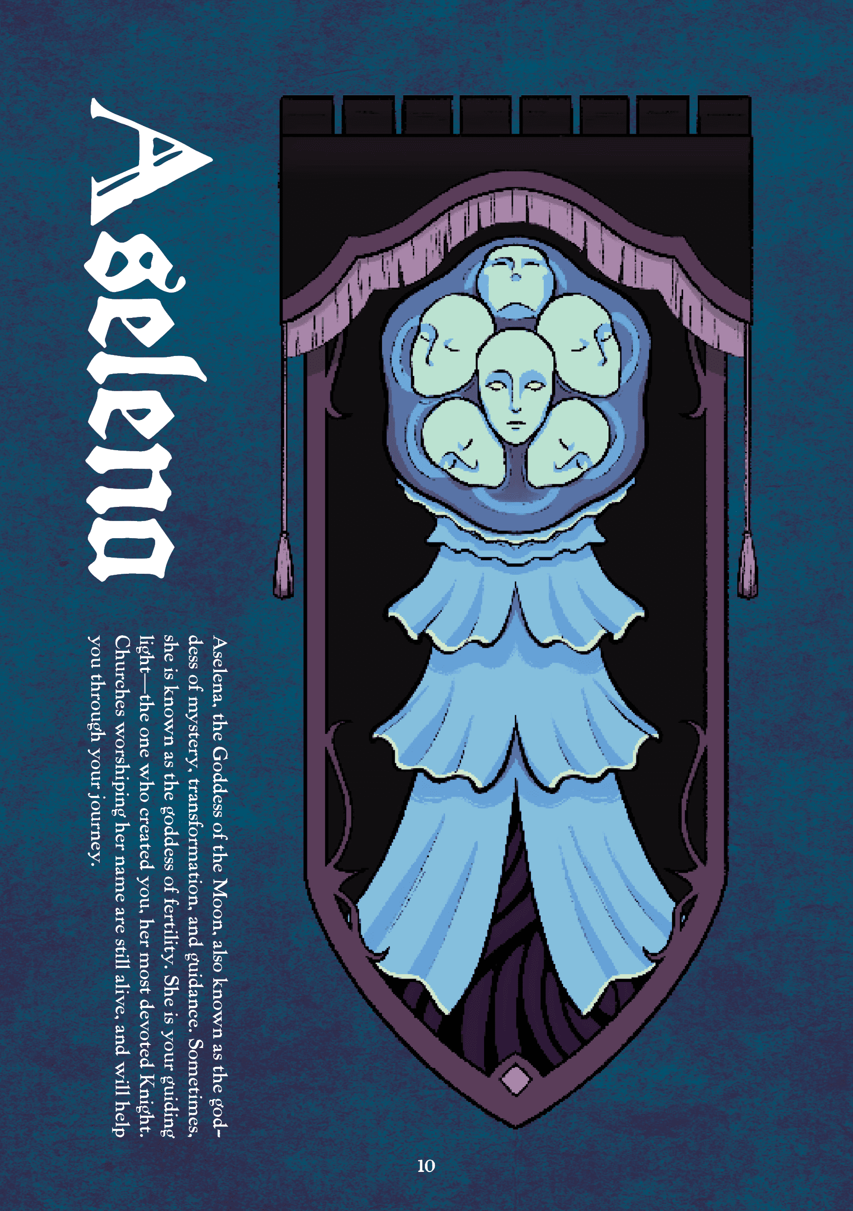 Two page spread of the goddess in the game: Aselena, goddess of the moon, and Machra, goddess of the sun