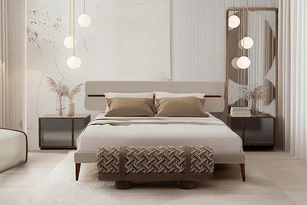 front view of a bedroom (غرف نوم فاخرة) with a contemporary selection of furniture