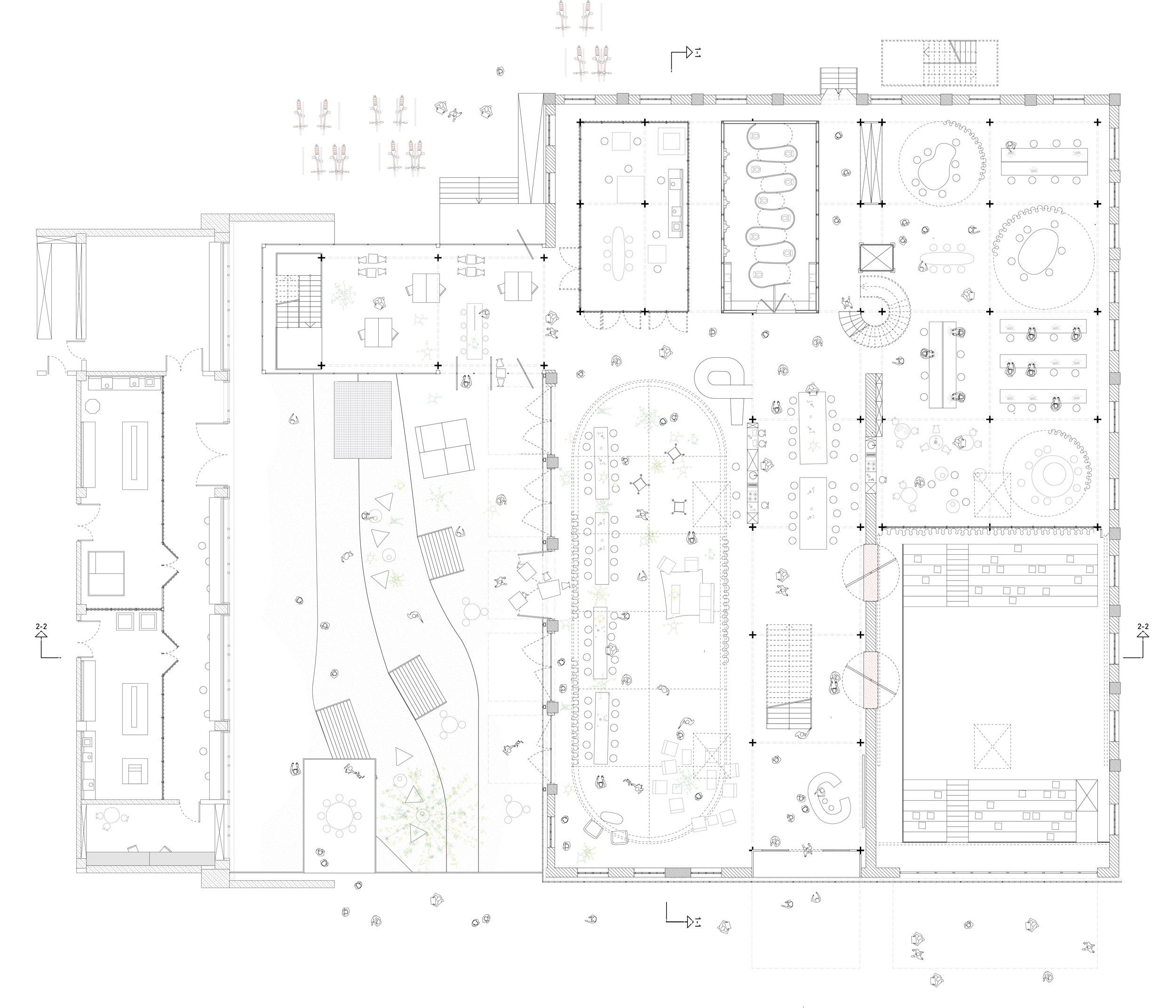 Mehrgeschossiger Innenraum der Super-Garage mit Plattformstrukturen und flexiblen Arbeitsbereichen im Industrieumbau der Dieter Schwarz Stiftung