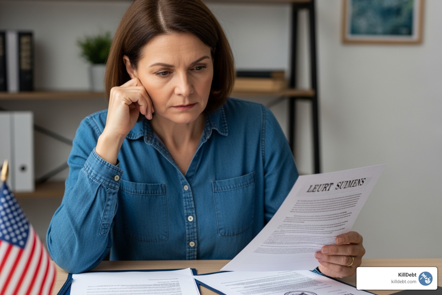 Person reviewing legal paperwork including a court summons
