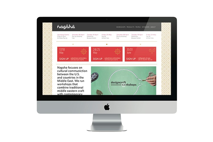 A silver Apple iMac computer displays a webpage titled "nagha'a." The page features a dark header with the title, a navigation bar with links for upcoming events, workshops, products, people, and sponsors, and a signup form for Palestinian embroidery and calligraphy/type. The central content area includes a green banner with a hand holding a coin and a logo for "designcraft workshops," and a text description about cultural communication between the U.S. and Middle Eastern countries. The webpage uses a red and white color scheme with decorative patterns.