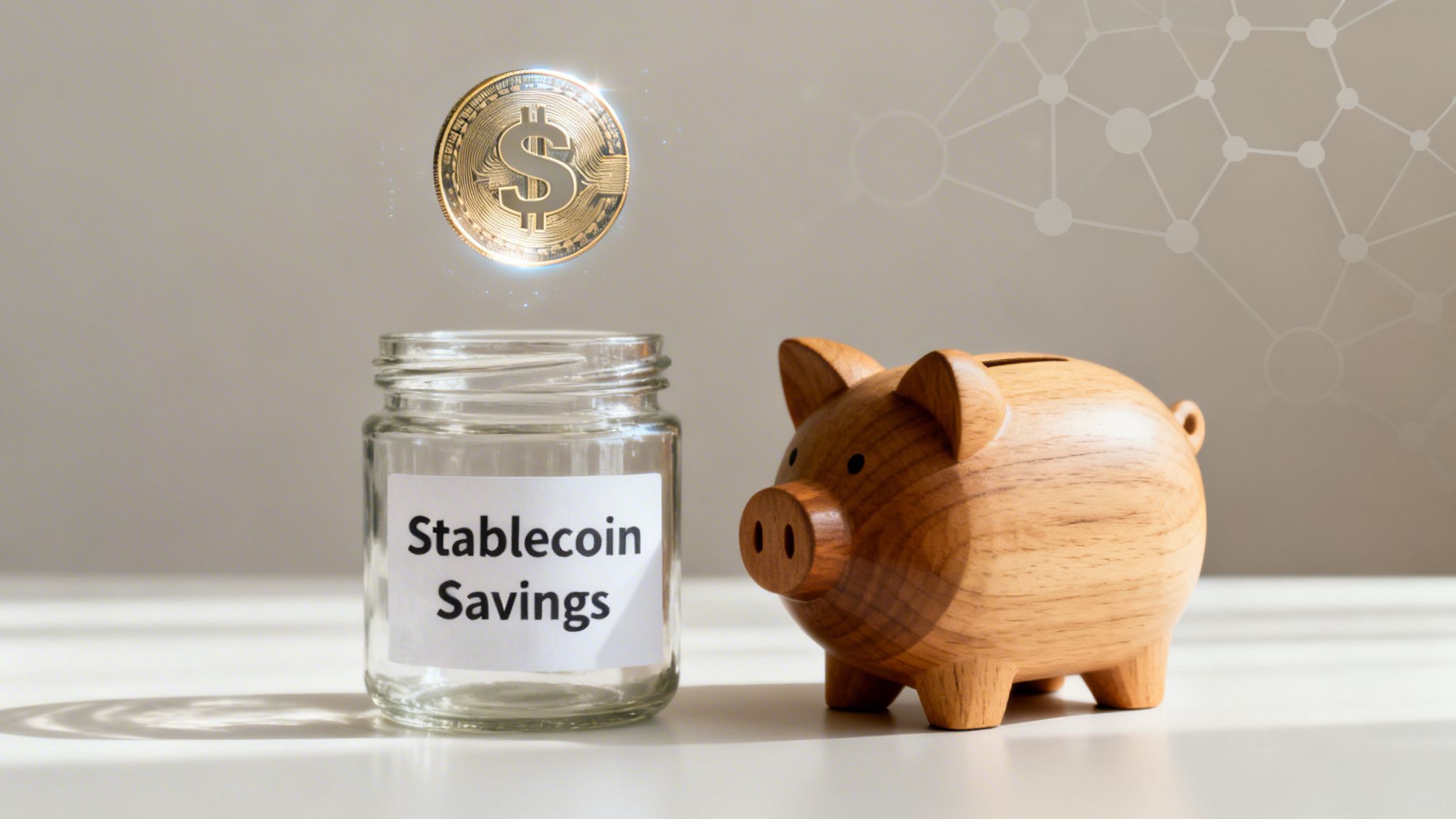 Golden dollar stablecoin floating above a 'Stablecoin Savings' jar next to a wooden piggy bank.