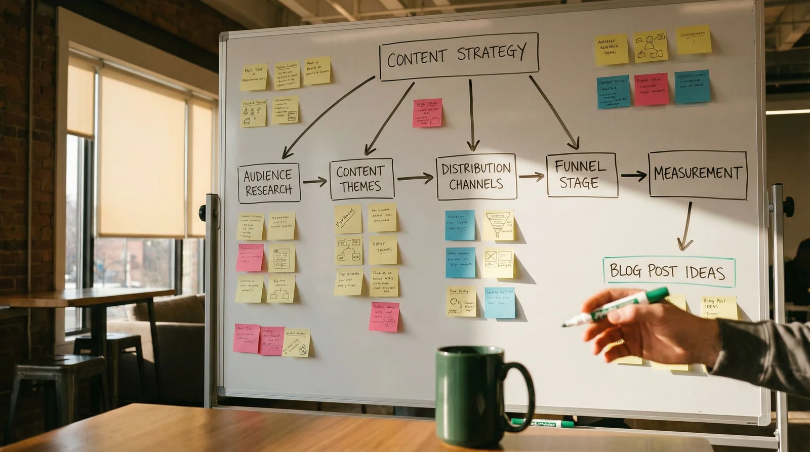 Content strategy map on whiteboard: connected boxes, sticky note clusters, hand-drawn funnel, marker in hand, afternoon window light