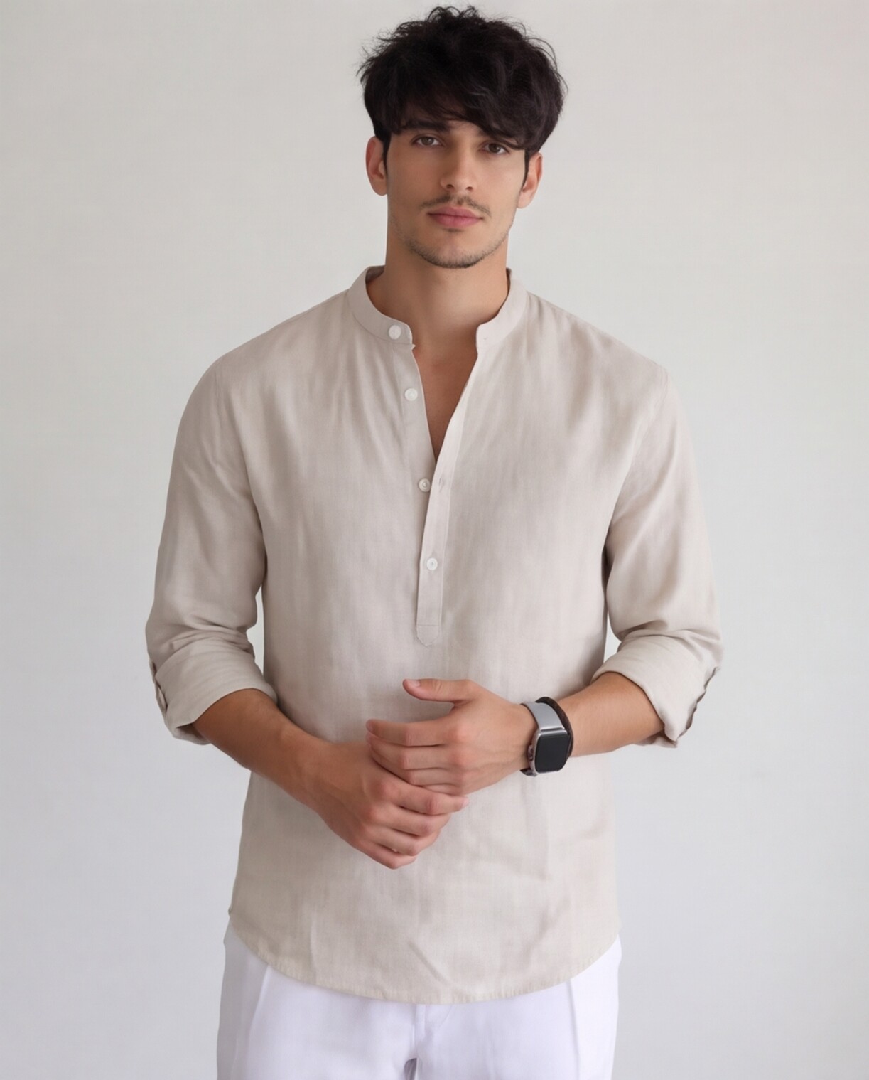 Beige Linen Henley with White Trousers