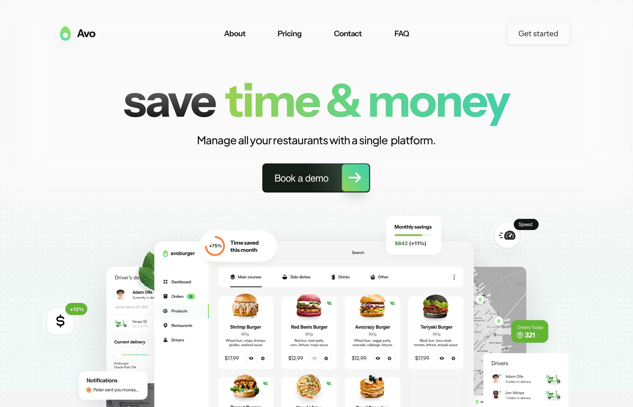 A website design for a SaaS restaurant manager platform with a bit title at the top and app showcase at the bottom, green, sleek, modern