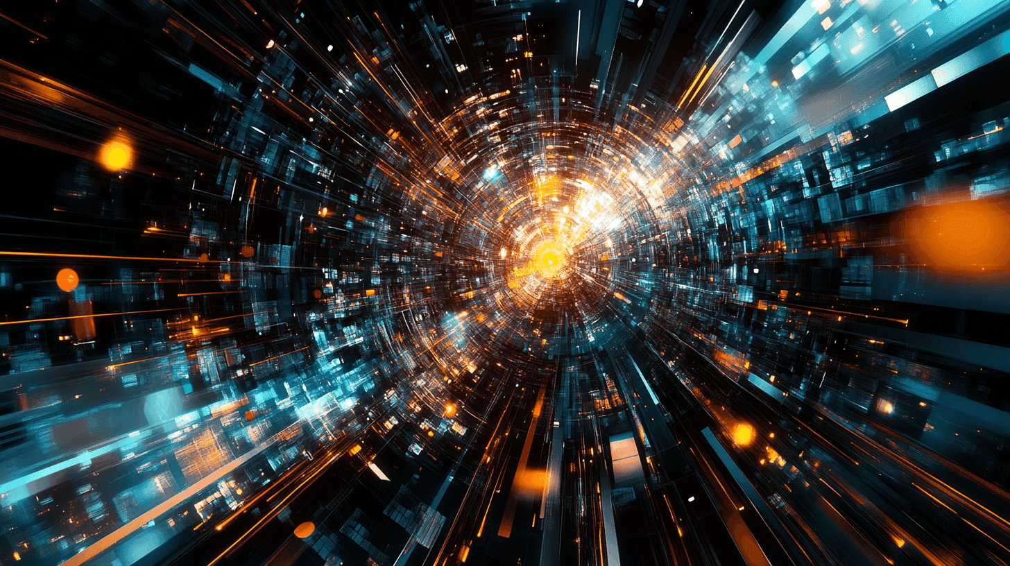 AI-driven cityscape with radiant lights and data streams, representing AI customer support and futuristic technology integration. Concentric lines and glowing nodes create a dynamic, high-tech atmosphere, symbolizing innovation and digital advancement.