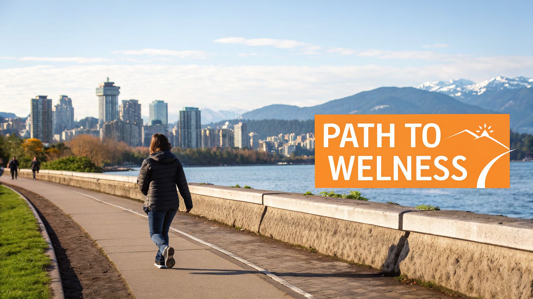 A person walks on a scenic waterfront path with a city skyline and snowy mountains, promoting wellness.