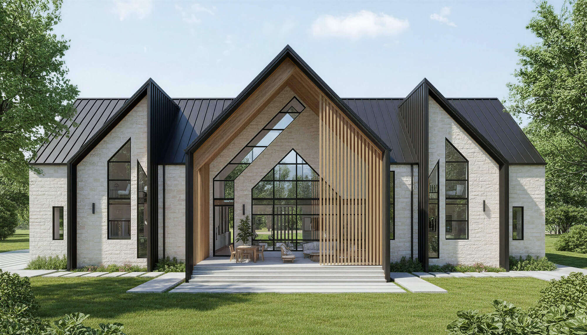Architectural rendering of a contemporary modern farmhouse home exterior featuring gabled rooflines, stone siding, wood slats, and floor-to-ceiling glass windows.
