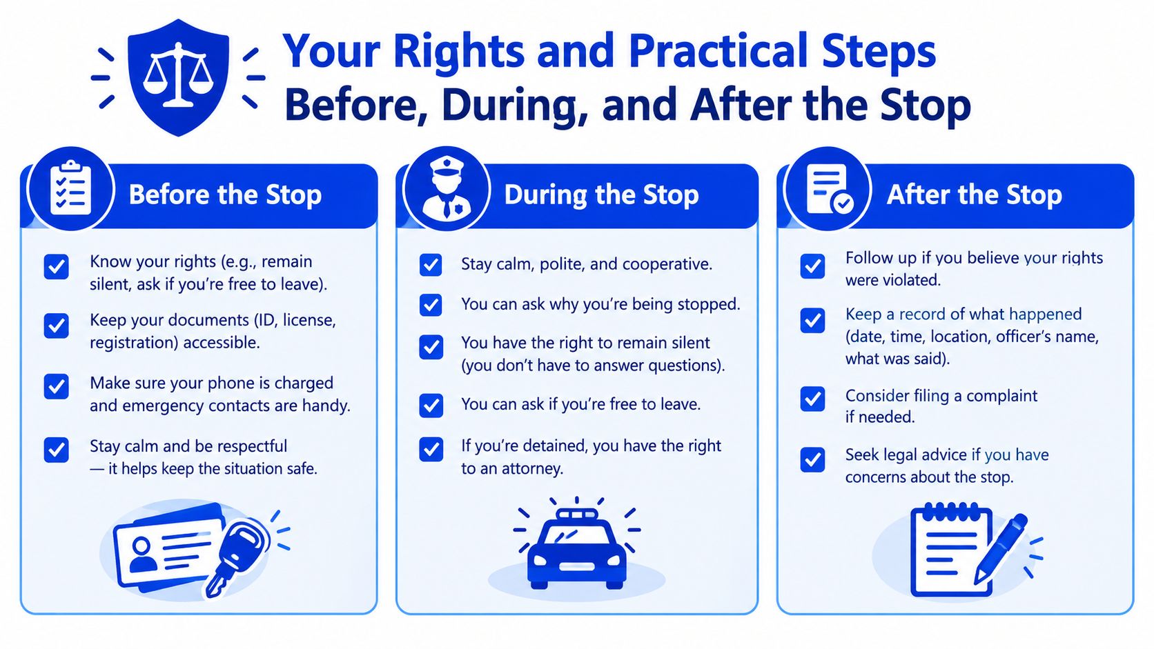 An infographic titled Your Rights and Practical Steps Before, During, and After a police stop.