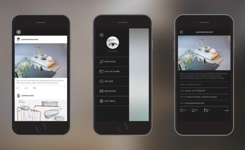Three smartphones are displayed side by side, each showing a screen with text and a minimalist design. The leftmost phone displays a tweet about urban nomads practicing daily routines. The center phone shows a profile page labeled “Ziyun Qi” with a circular avatar. The rightmost phone displays a profile page with text including “XINO,” “FINDED Project,” and mentions of “Industrial Design.” The background is blurred and neutral.