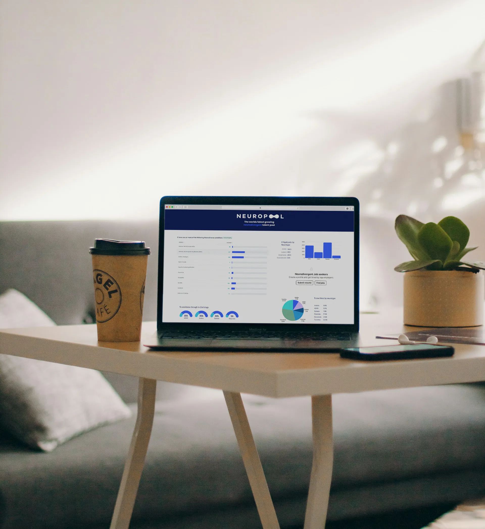 Picture of a laptop on a table showing Neuropool's jobs platform tailored for neurodivergent job seekers. 