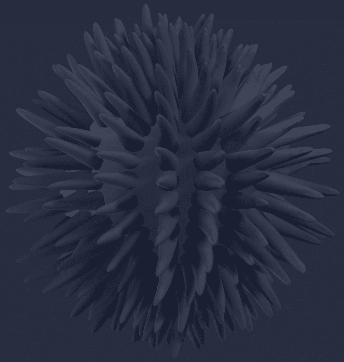 A textured, spherical object with spiky protrusions, set against a dark background.