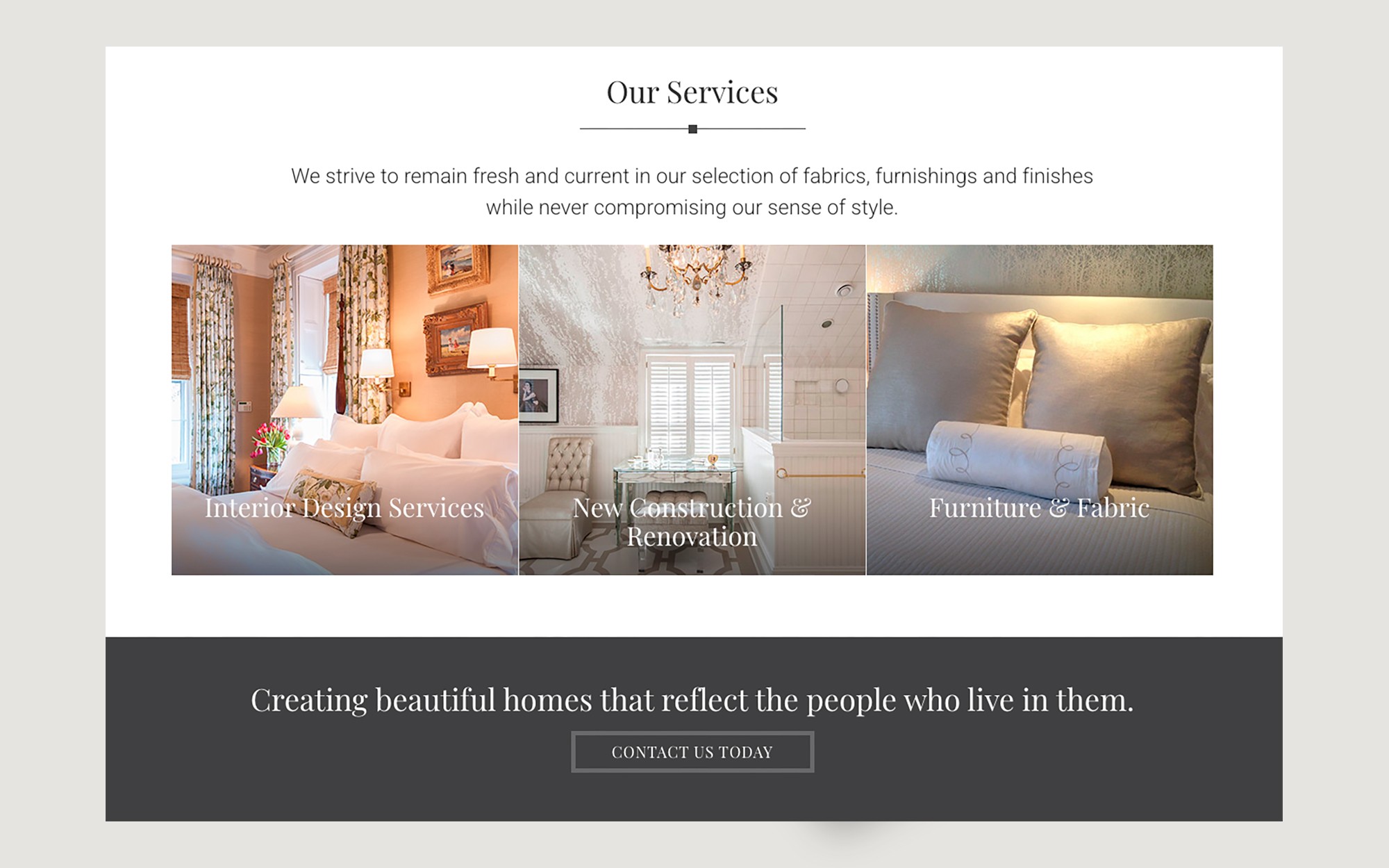 Website design section displaying MLC Interiors services including interior design, renovation, and furniture & fabric.