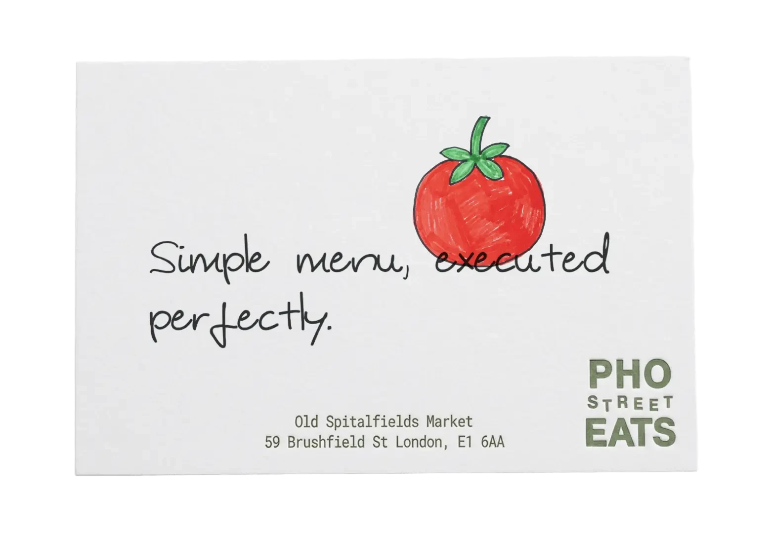 Pho Street Eats review card with a red tomato: simple menu, executed perfectly.