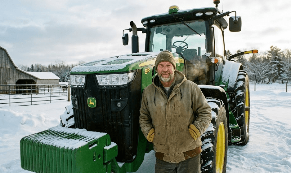 Rolnik stojący przy nowoczesnym ciągniku w zimowych warunkach. Zdjęcie podkreśla wyzwania eksploatacji maszyn rolniczych w niskich temperaturach oraz znaczenie właściwego przygotowania układów paliwowych i AdBlue do sezonu zimowego.