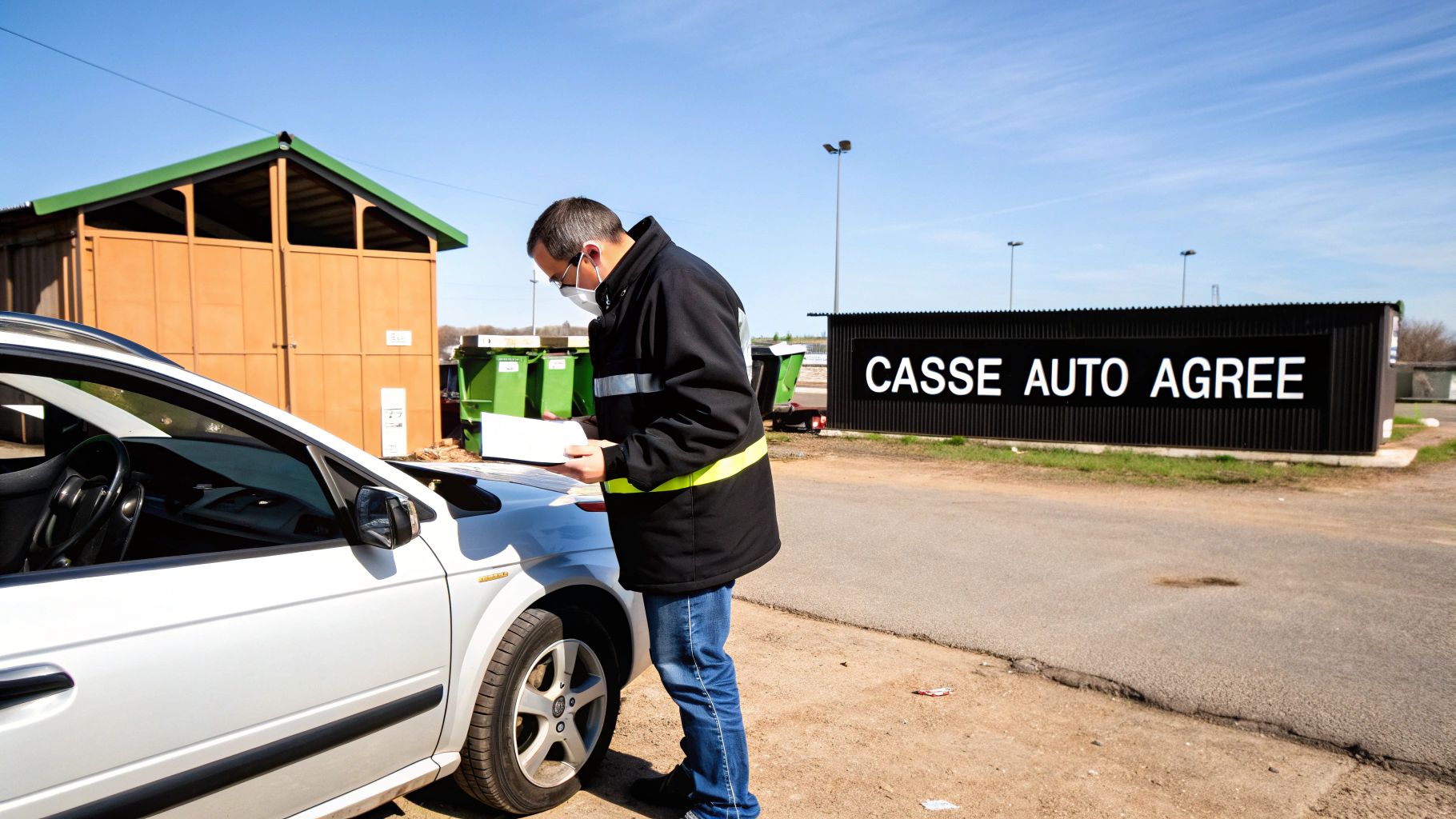 Un homme masqué examine des documents près d'une voiture dans un centre de démolition automobile agréé.