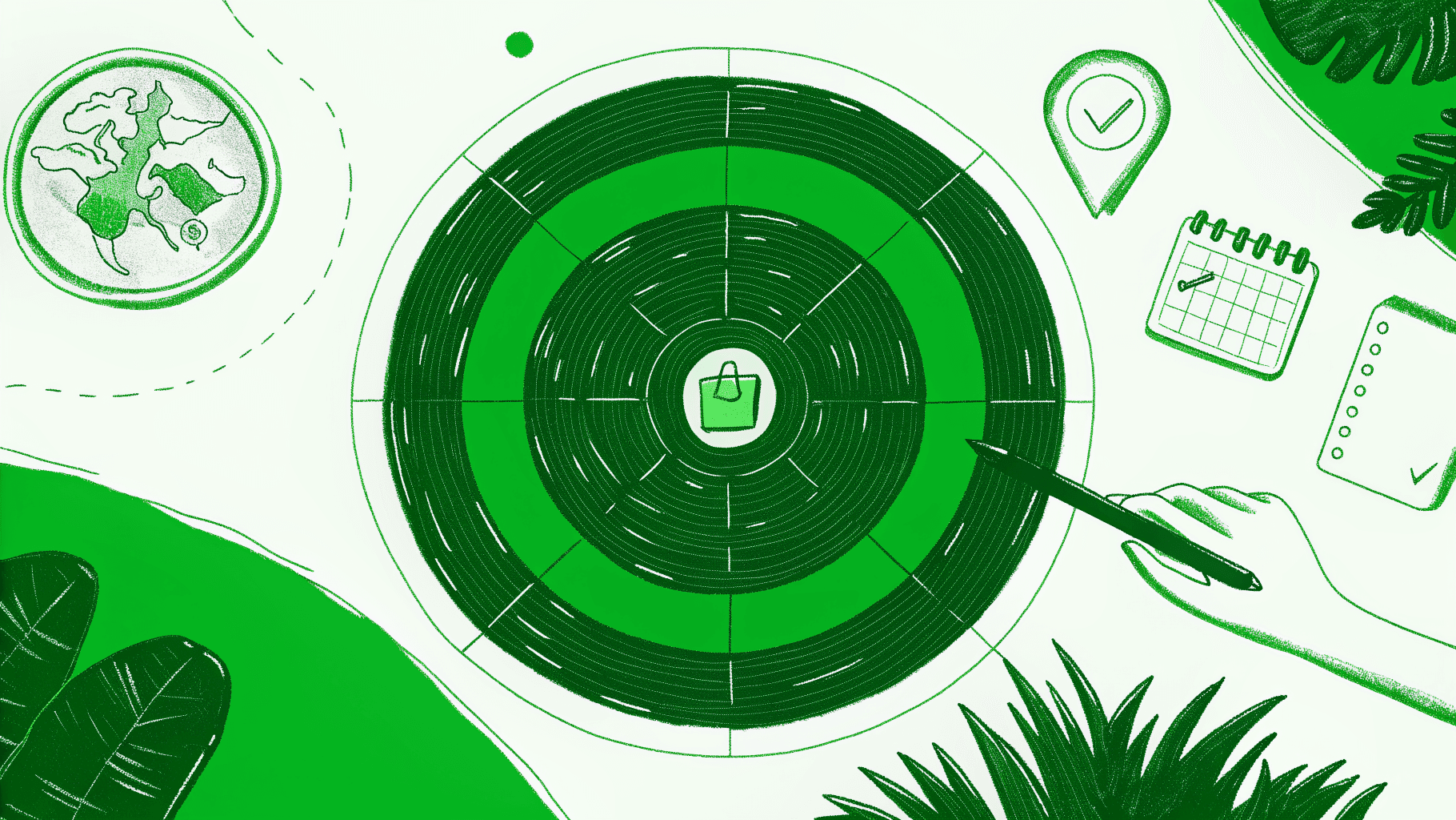 Four class action eligibility criteria shown as concentric target rings with consumer magnifying glass