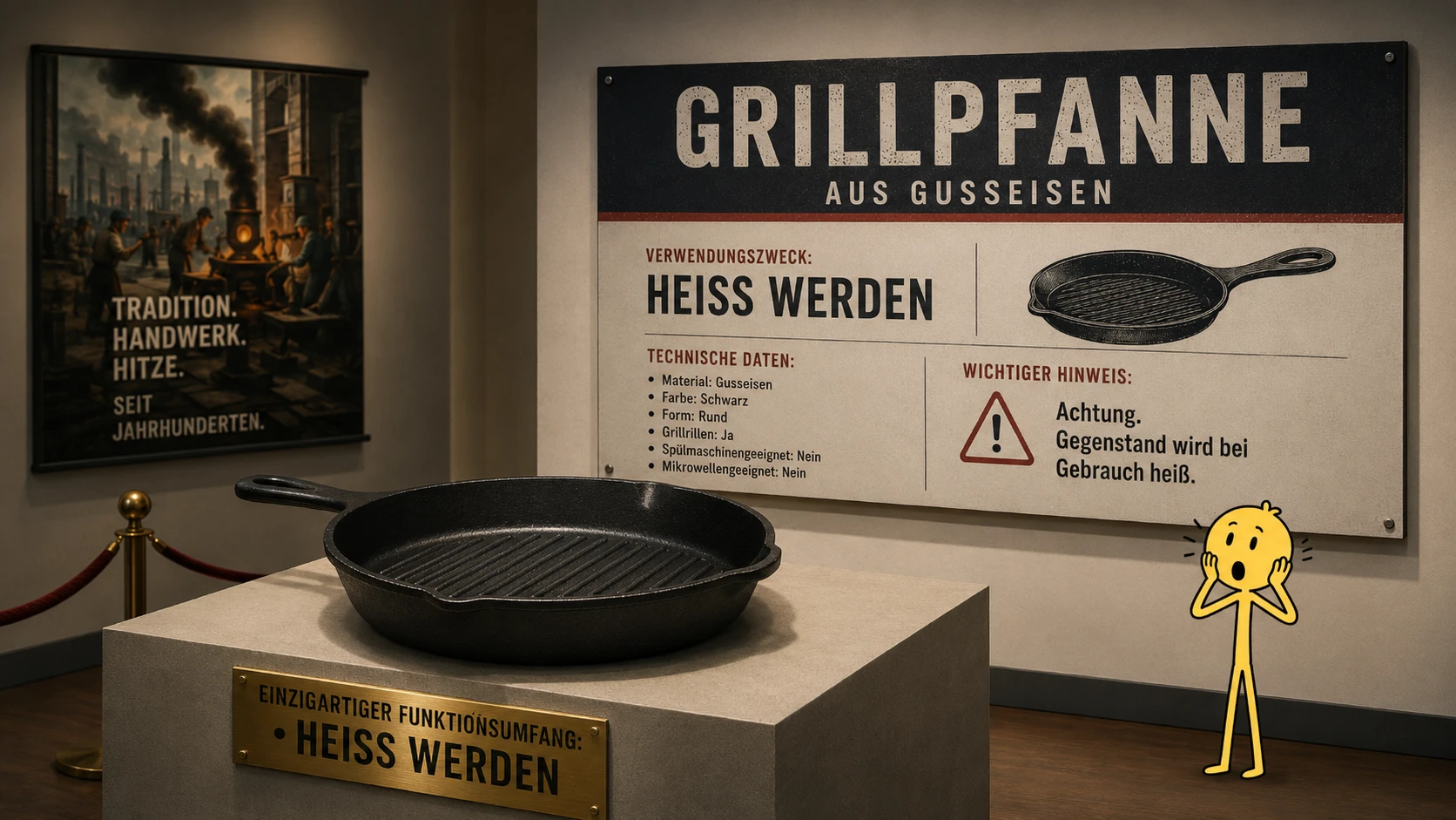 Gusseiserne Grillpfanne als Museumsstück mit Infotafel zur Funktion ‚Heiß werden‘, daneben der überraschte Harald