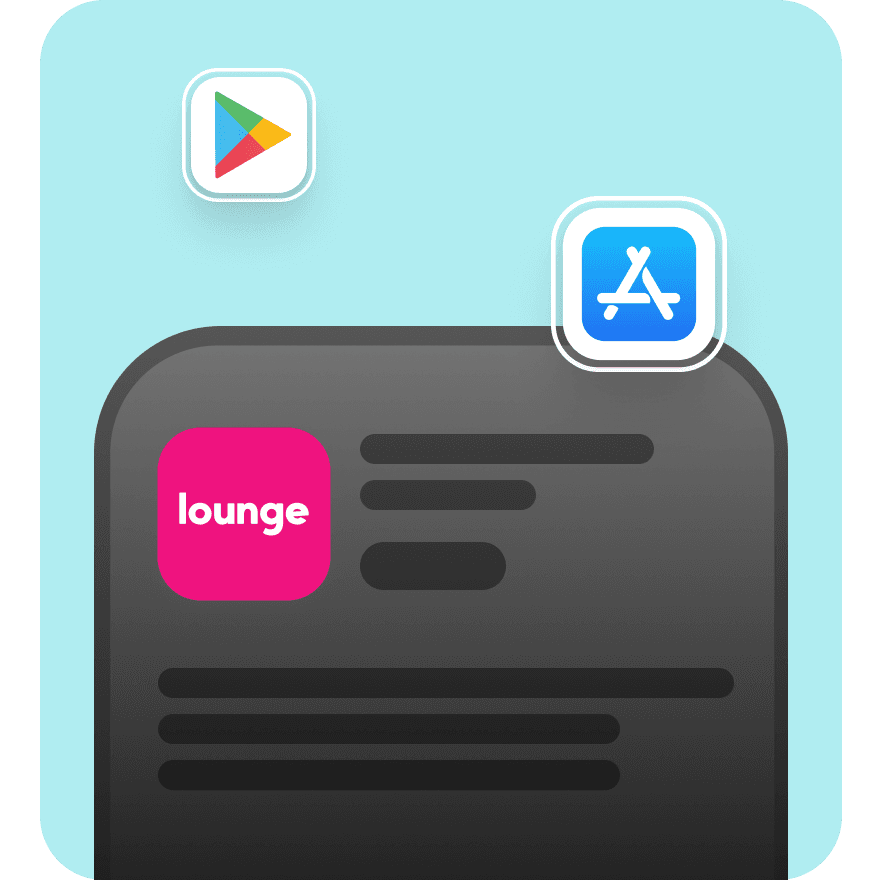 Lounge mobile app interface showing student engagement platform available on iOS and Android for campus event management