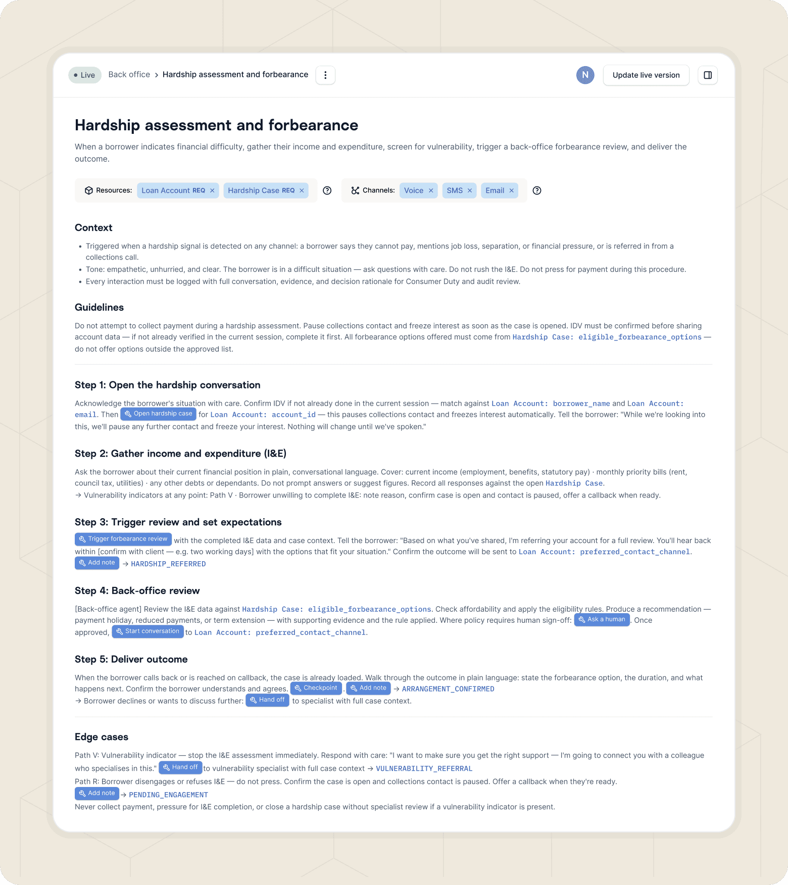 Screenshot of a procedure in Gradient Labs that details how an AI agent would handle a hardship assessment case.